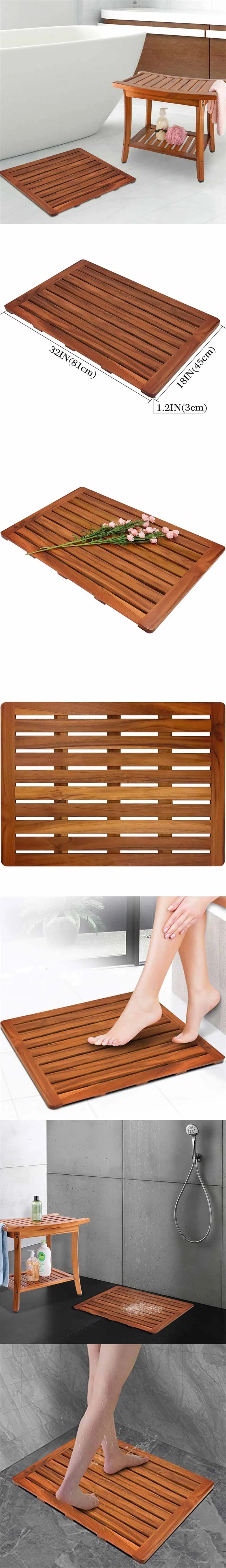 32"x18" Teak Wood Bath Mat,Shower Mat For Bathroom,Wooden Floor Mat ...