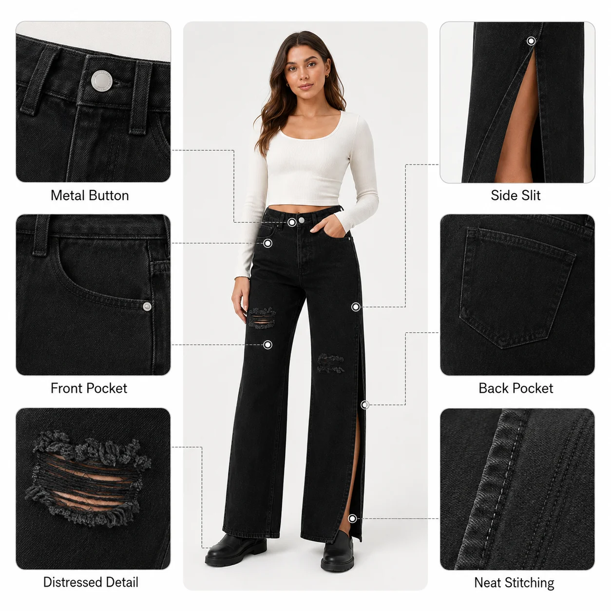 Women's High-End Euro-American Stretch Slim Cut Jeans Casual Mid Waist Solid Color Denim Trousers Straight Style
