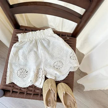 2024 Summer new girls' vintage lace embroidered shorts children's Korean-style hollow lace pants