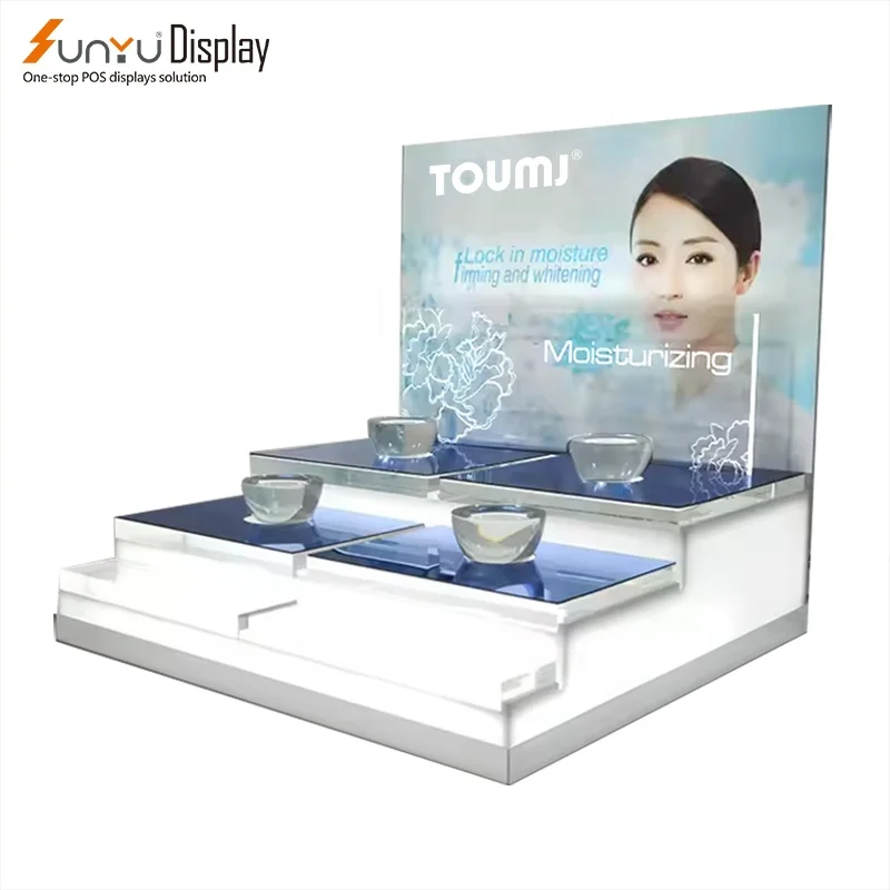 Hot Sale Customized Acrylic Led Cosmetic Makeup Stand Cosmetic Display Mall Skincare With LED Light