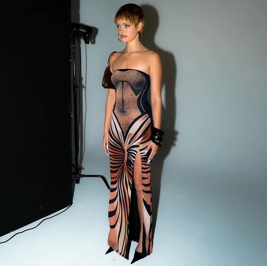 kliou Suspendency Maxi Dress Women Leopard Panelled Draped Backless Lace Up Sheath Long Robe Female Classic Party Club Vestidos main image 1