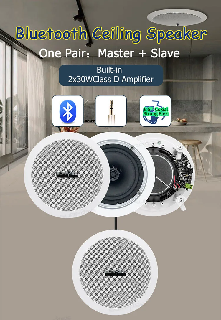 6.5 Inch 30 Watts Ceiling Speakers Flush Mount 2 Way Perfect For Office