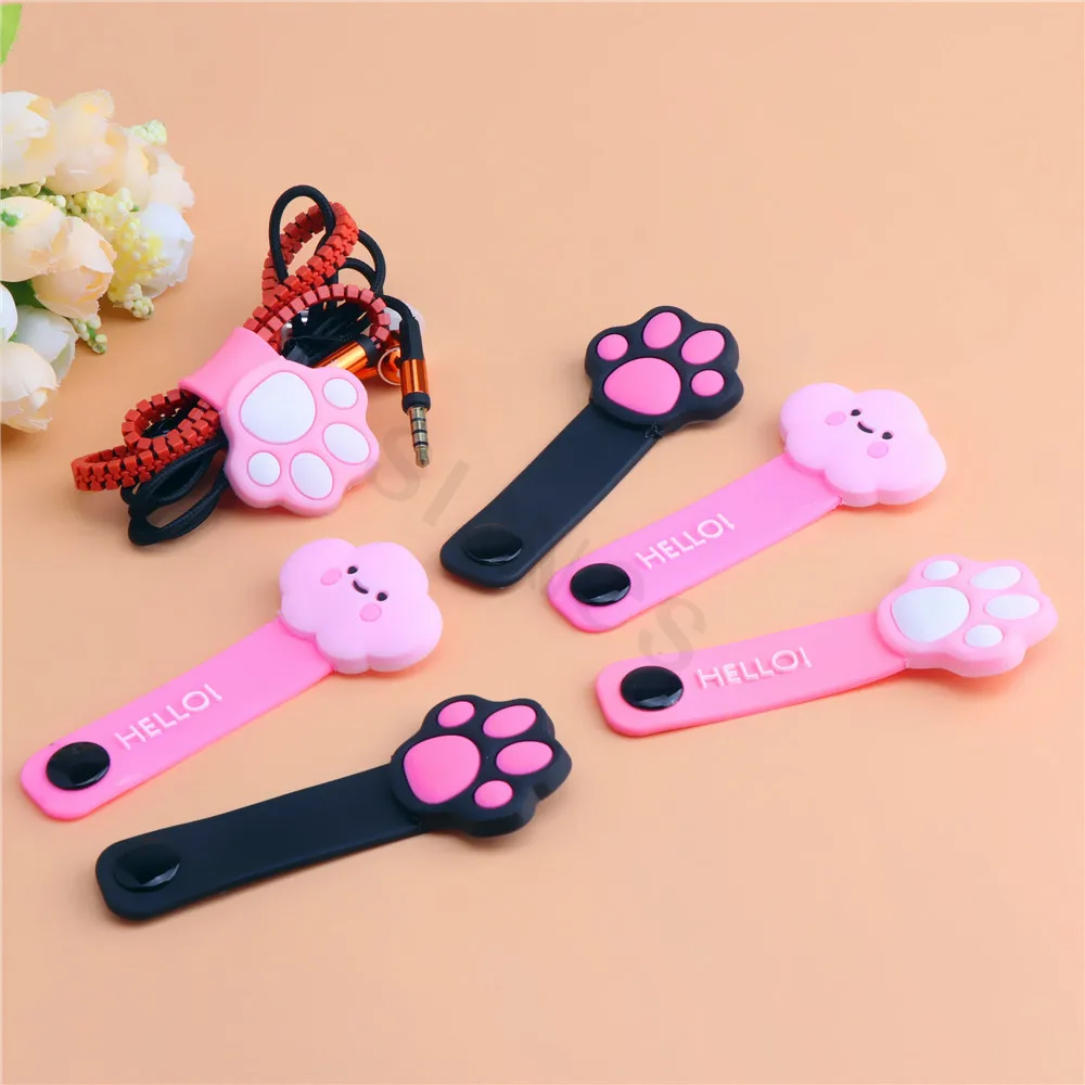 Cute cat paw buckle holder pink cloud mobile phone data cable winder silicone cartoon earphone cable wire storage clip organizer