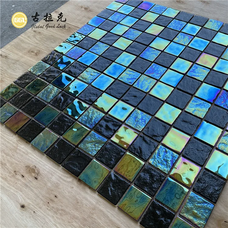 Glass Mosaic Tile Black Mixed Iridescent For Swimming Pool, Shower, Bathroom & Backsplash Tile