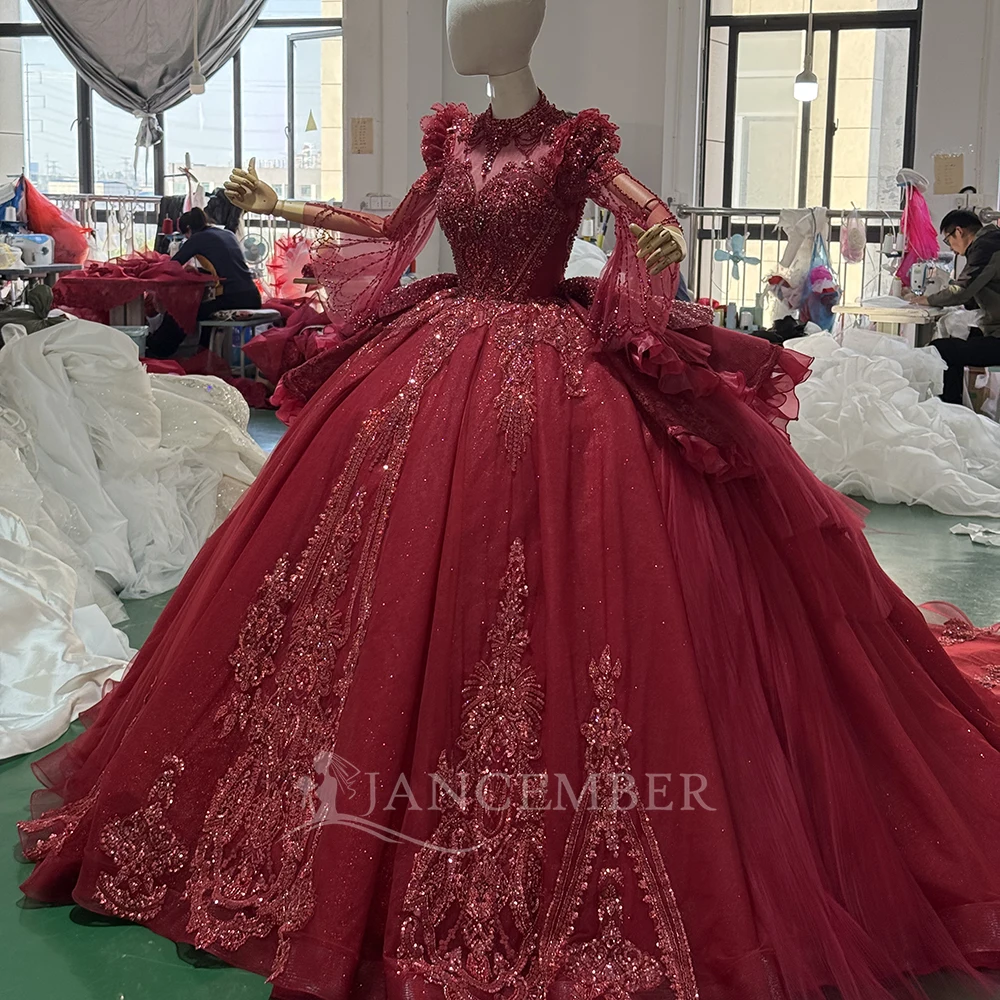 AXS11 Classic Shiny Burgundy Evening Party Floor-Length Ball Gowns Lace  Flare Sleeve Beading Crystal Appliques Embroidery High