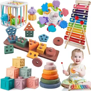 ITTL Baby Toys Kids Play 6 to 12 Months 6 in 1 Montessori Toy for Toddlers 1-3, Sensory Shapes Storage Bin Stacking Blocks Rings