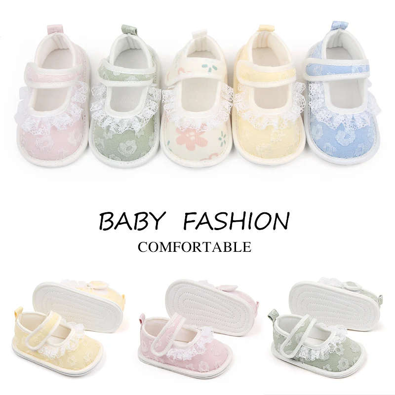 New Solid Color Mesh Lace Embroidery Lace Soft Base Infant Shoes for Girls details