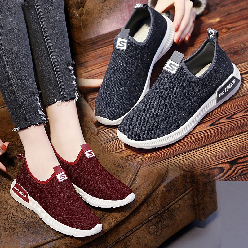 Womens Letters Printed Casual Shoes Sneakers Mesh Slip On Loafers Flats Platform 