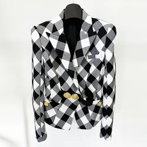 Autumn 2026 New Arrivals Double Breasted V-neck Women's High Quality Blazer JacketLong Sleeve Slim Fit Plaid Jacket