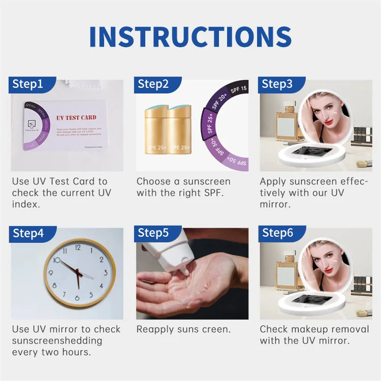 Travel Makeup Mirror 2x Magnification Portable Led Makeup Mirror Vanity Makeup Mirror With Uv Camera for Sunscreen Test