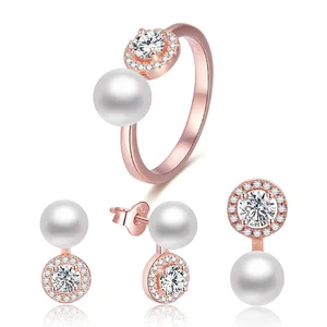 Beautiful Aaa Cubic Zirconia Rose Gold Plating Jewelry Set Freshwater Pearl Wedding 925 Sterling Silver Jewelry Sets