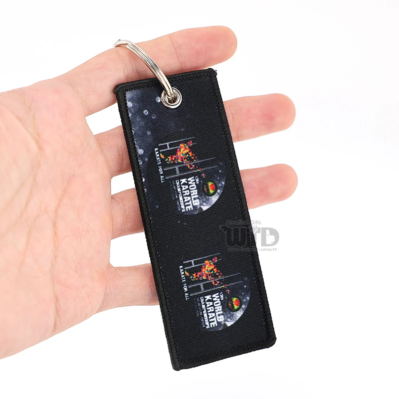 Custom Double Sided Woven Patch Keychain Promotional Keying Tags Souvenir Gifts Text and Embroidery Fabric Personalized Keychain