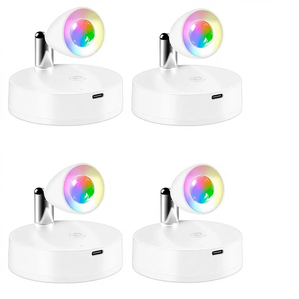 Destlife, trådlösa RGBW-spotlyktor med återladdningsbar batteri, 4-pack, magnetisk monteringsbas, dimmerbar fjärrkontroll, 13 färgändringar för inomhusdekoration