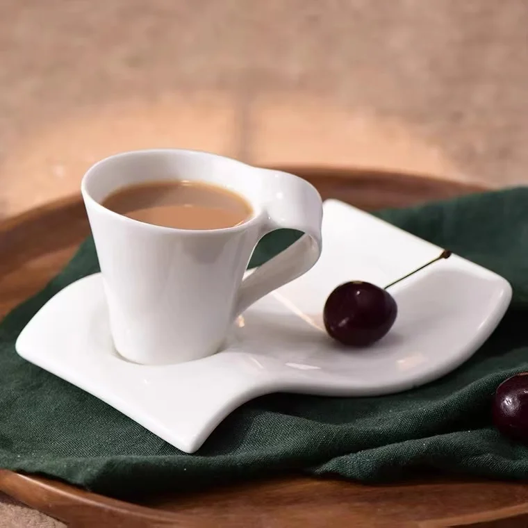European Small Capacity Porcelain Wave Irregular Shape Ceramic Mug Coffee Cup and Saucer Sets