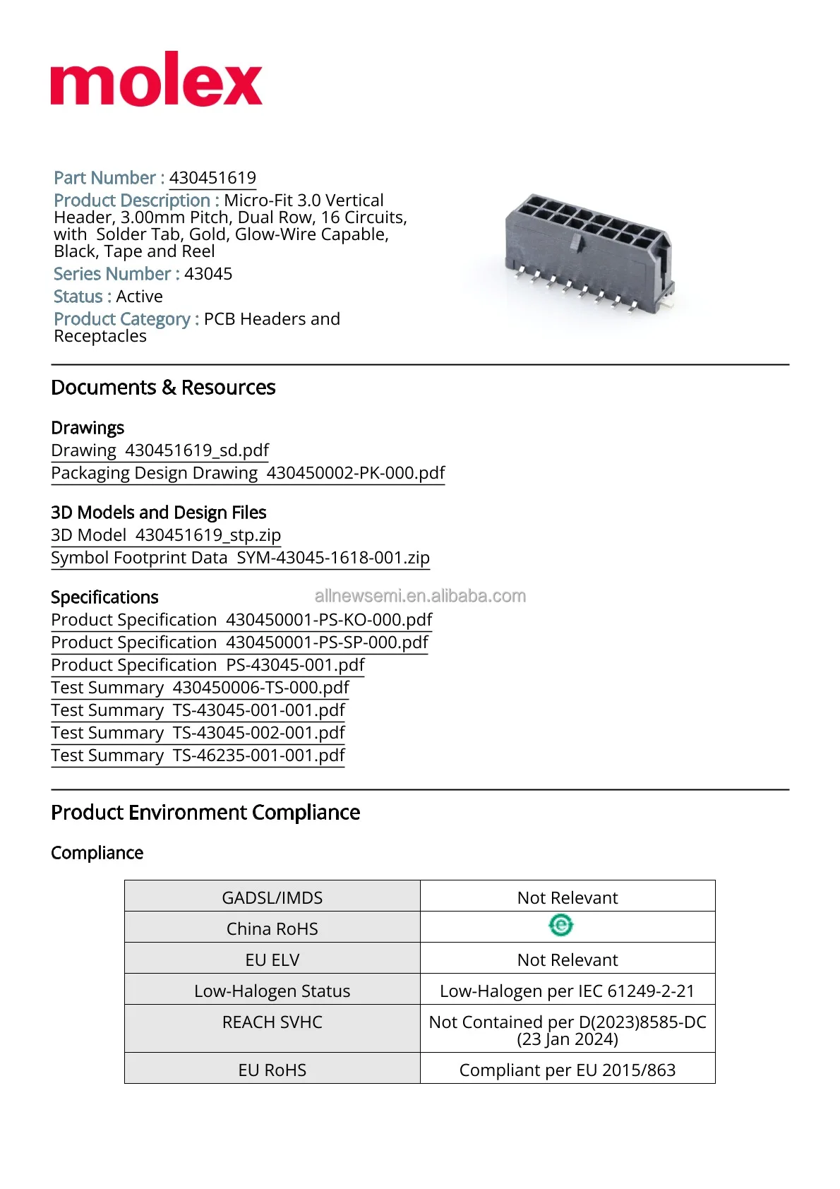 Hot sale Original 43045-1619 Rectangular Power Connector 16 Contact(s) Male Surface Mount Terminal Receptacle Connectors