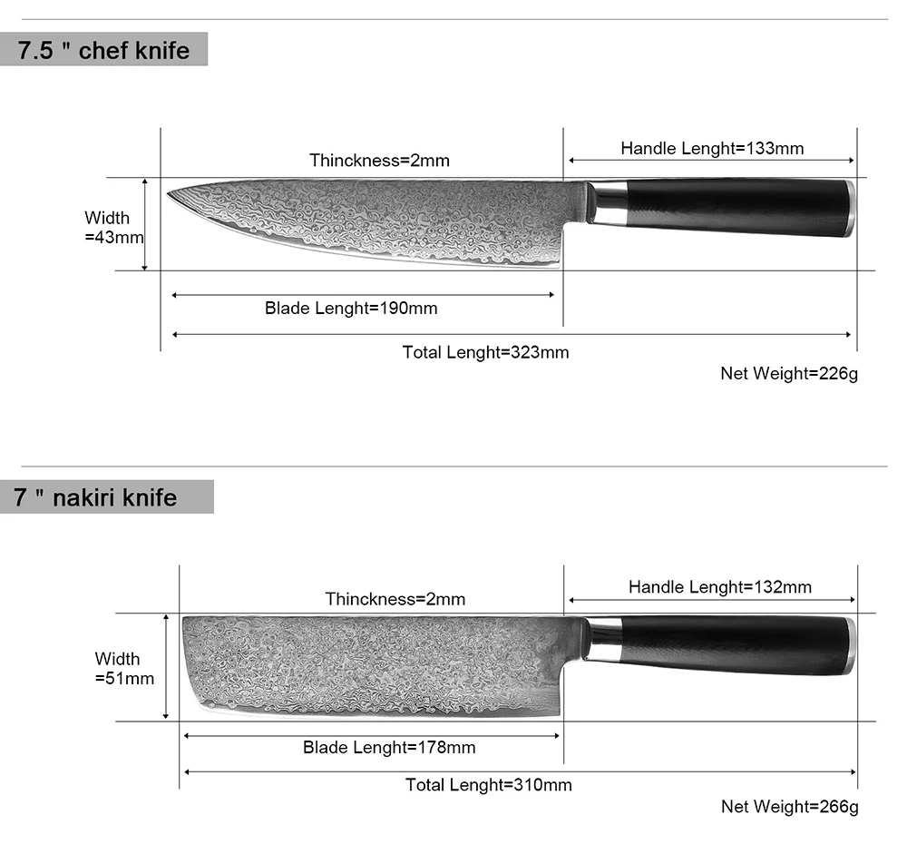 XITUO Quality Damascus Steel Japan VG10 Chef Knife Edge Kitchen Knife Set Black G10 Handle Factory Wholesale