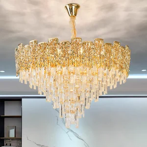 Luxury Rectangular Round High Ceiling Lamp Brushed Gold Luxury K9 Crystal Chandelier Pendant Light