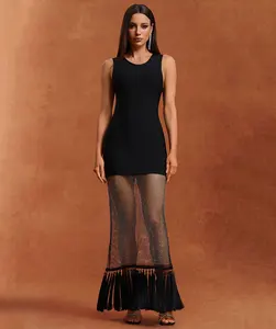 Mesh Hot Diamonds Sexy Bodycon Maxi Dress Women Sleeveless Birthday Prom Club Party Evening Long Dress