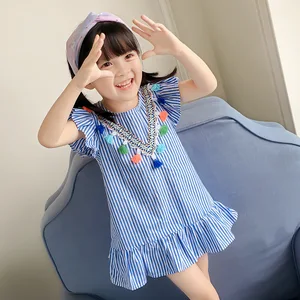 New Summer Girls Tassel Flying Sleeve Dresses Stripe Cute Kids Party for Girls Princess Dress Tops Clothes for Kids