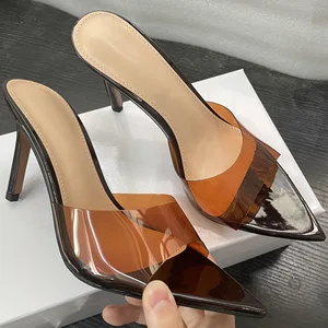 Women Clear Transparent PVC Mules Sandals for Women 9cm High Heels Sexy Women Slipper Pointed Toe Crystal Upper Slipper Sandals