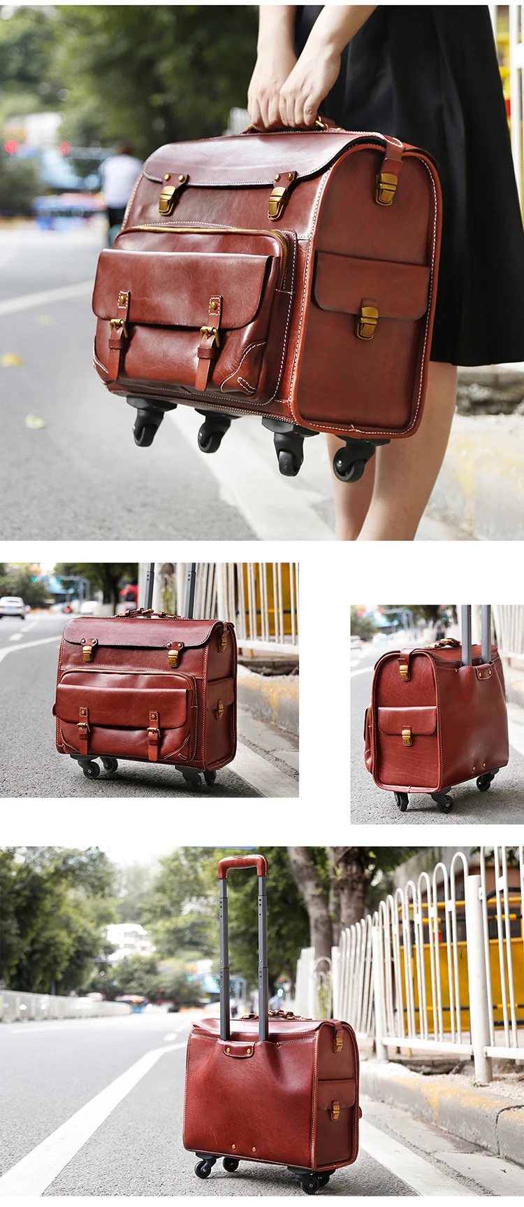 Luxury Travel Suitcase Trolley Bag Luggage 4 Wheels Carry On Vintage Cowhide Leather Overnight Rolling Luggage Bags