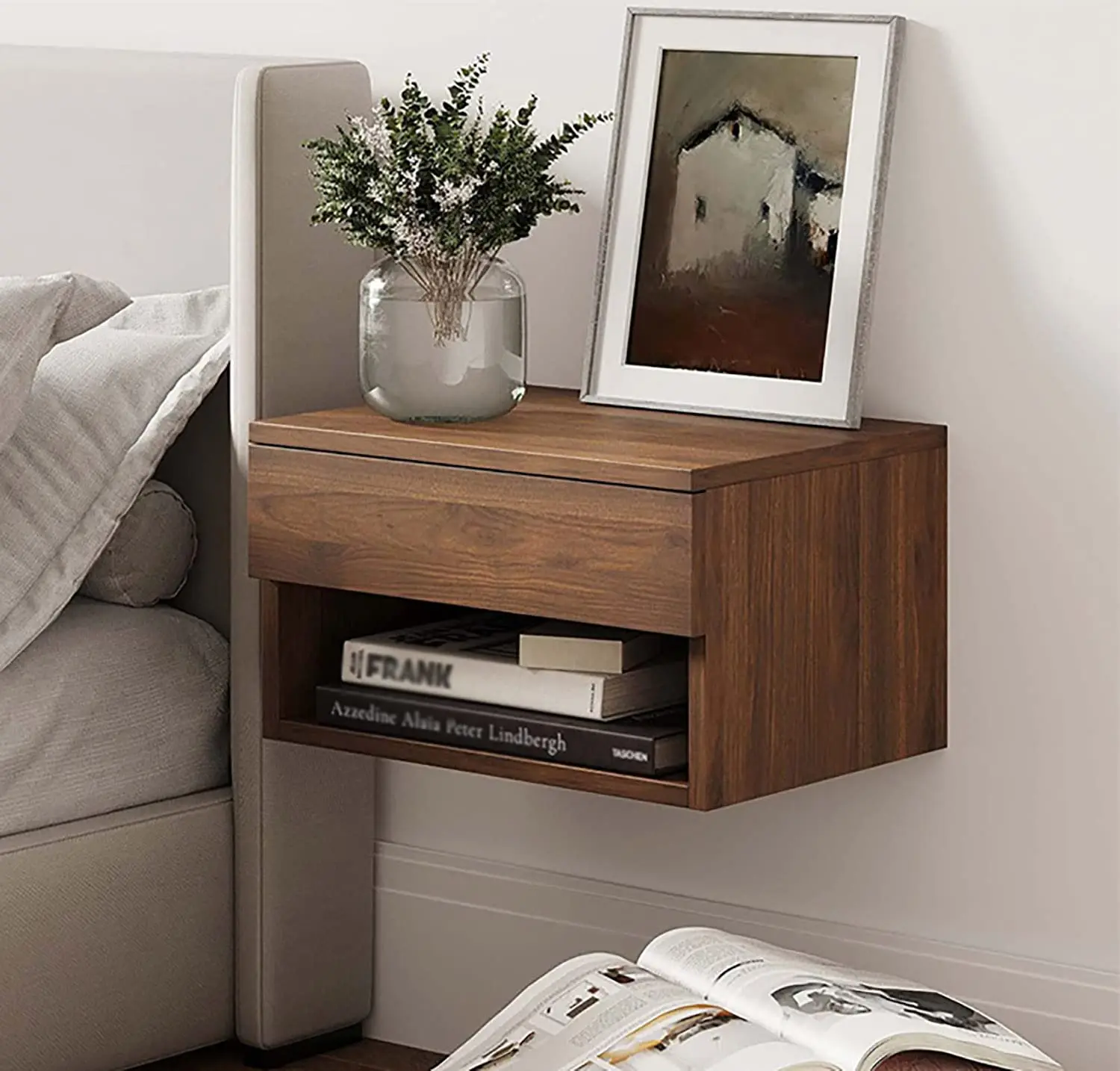 Hanging Bedside Table Floating Nightstand With Open Drawer,Wooden