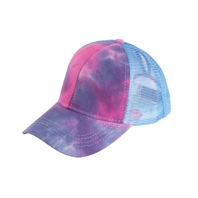 Q1381 Ponycap Messy High Bun Ponytail Cap Adjustable Tie Dye Mesh Baseball Hat Sports Caps