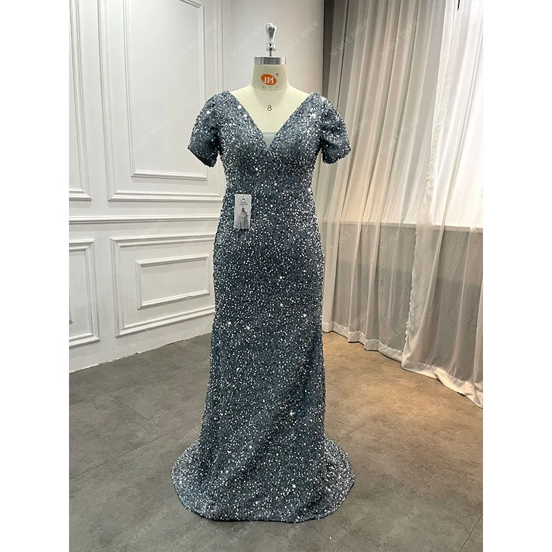 Ready to Ship Women Elegant Grey Sequined Birthday Party Formal Evening  Long Dress Plus Size With Detachable Bow