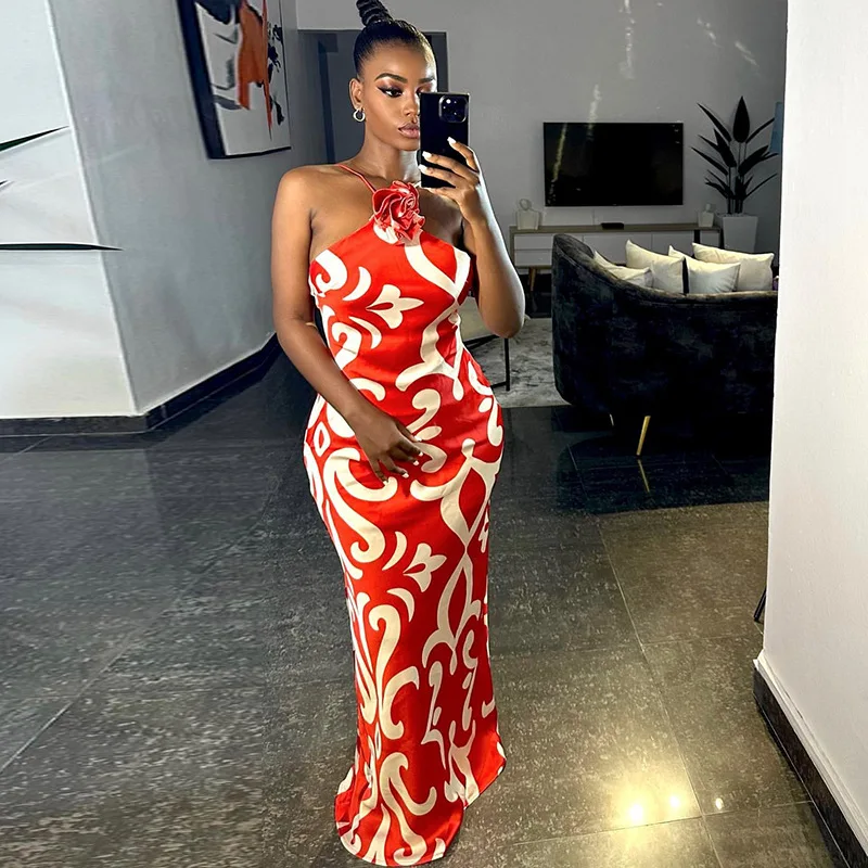 J35040 - Modern Sleeveless Printed Halter Casual Bodycon