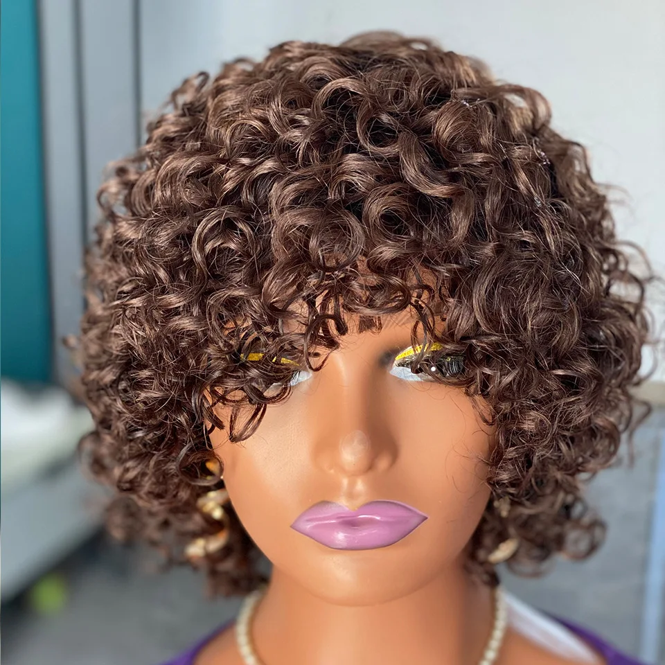 Brazilian Short Water Wave Human Hair Wigs With Curly Fringe  display picture 3