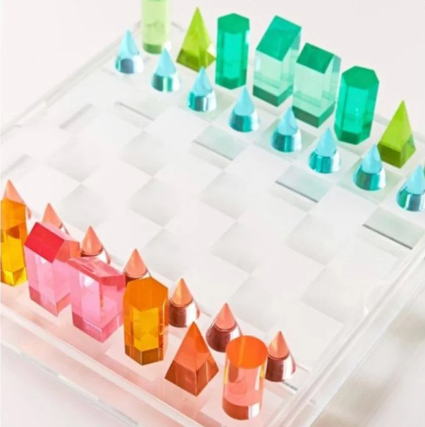 Abstract Geometric Chess Set Orange Blue Acrylic Chess Set 32pcs Transparent Colored Chess Adults Kids Game