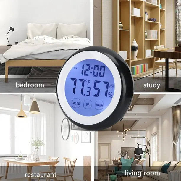 Round Shape Touch Screen Digital Thermometer Hygrometer Household Thermometer Indoor Dry Humidity Alarm Clock With Backlight