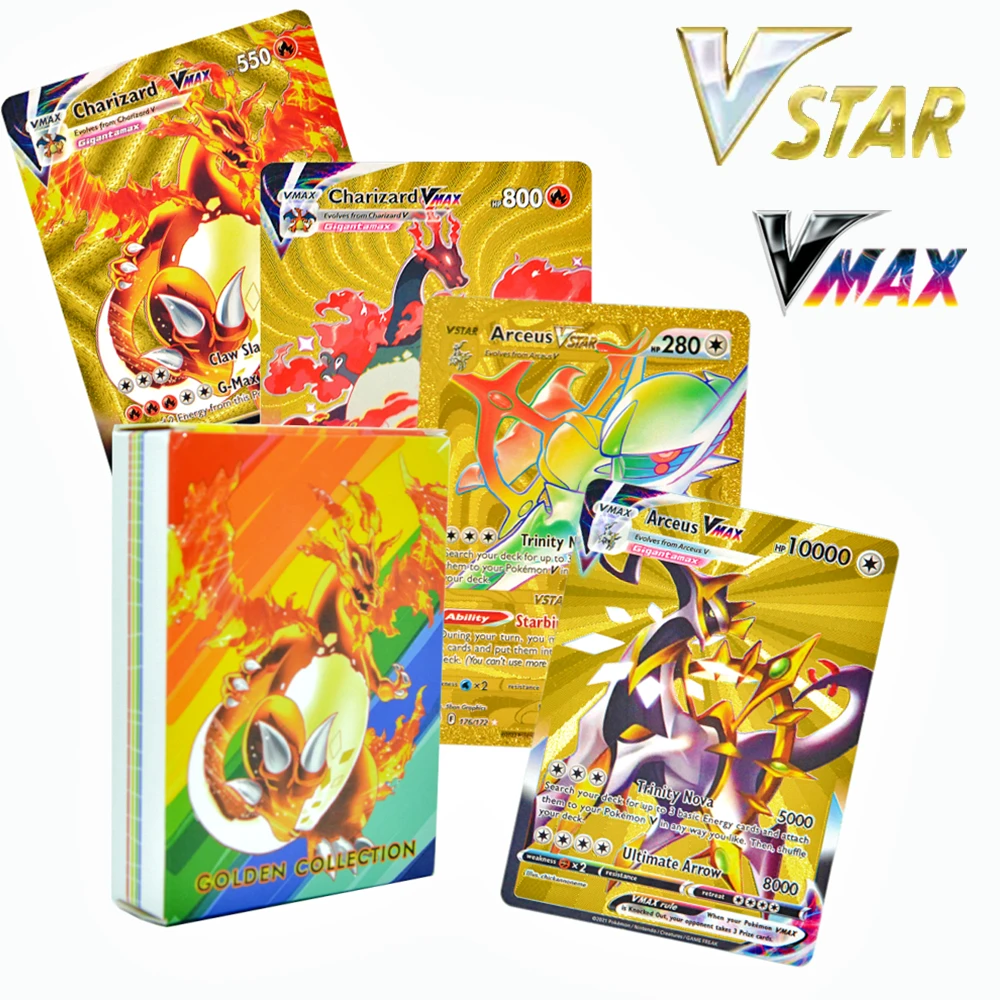 New Pokemon Cards Metal Gold Silver Rare Pokemon Charizard Cards  English/Spanish/German/French/Italian/Korean Card Box 10 55 110