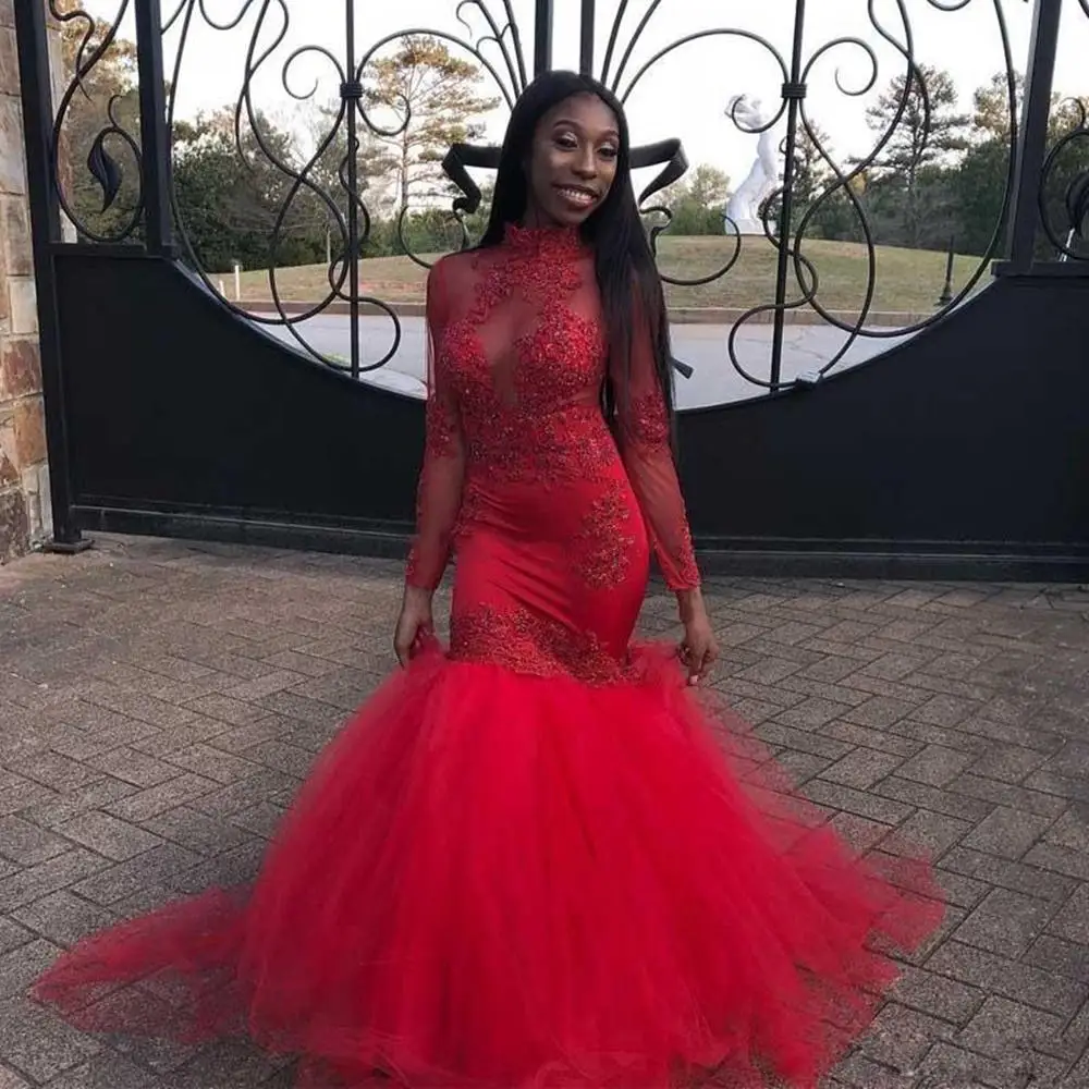 Prom Dresses High Neck Red Gown Red Mermaid Prom Dresses