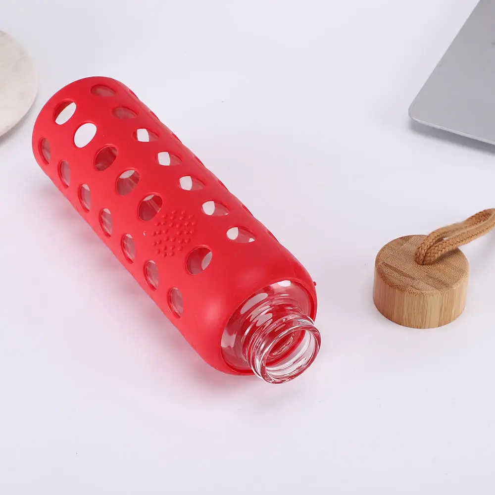 Factory Direct Glass Water Bottle With Red Silicone Sleeve Customized