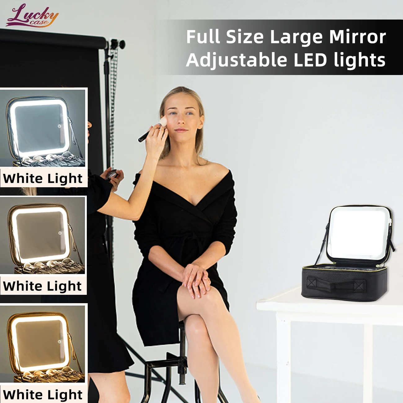 Makeup Train Case With Large Lighted Mirror 3 Color Scenarios