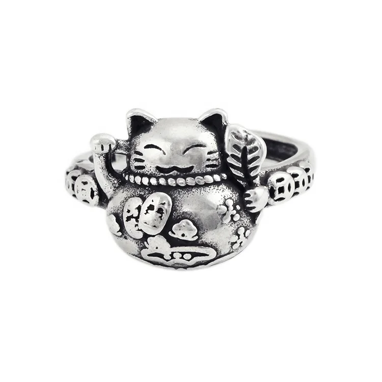 Maneki Neko Chinese Charming Retro Style Antique Silver Plated Lucky Cat Wealth Rings