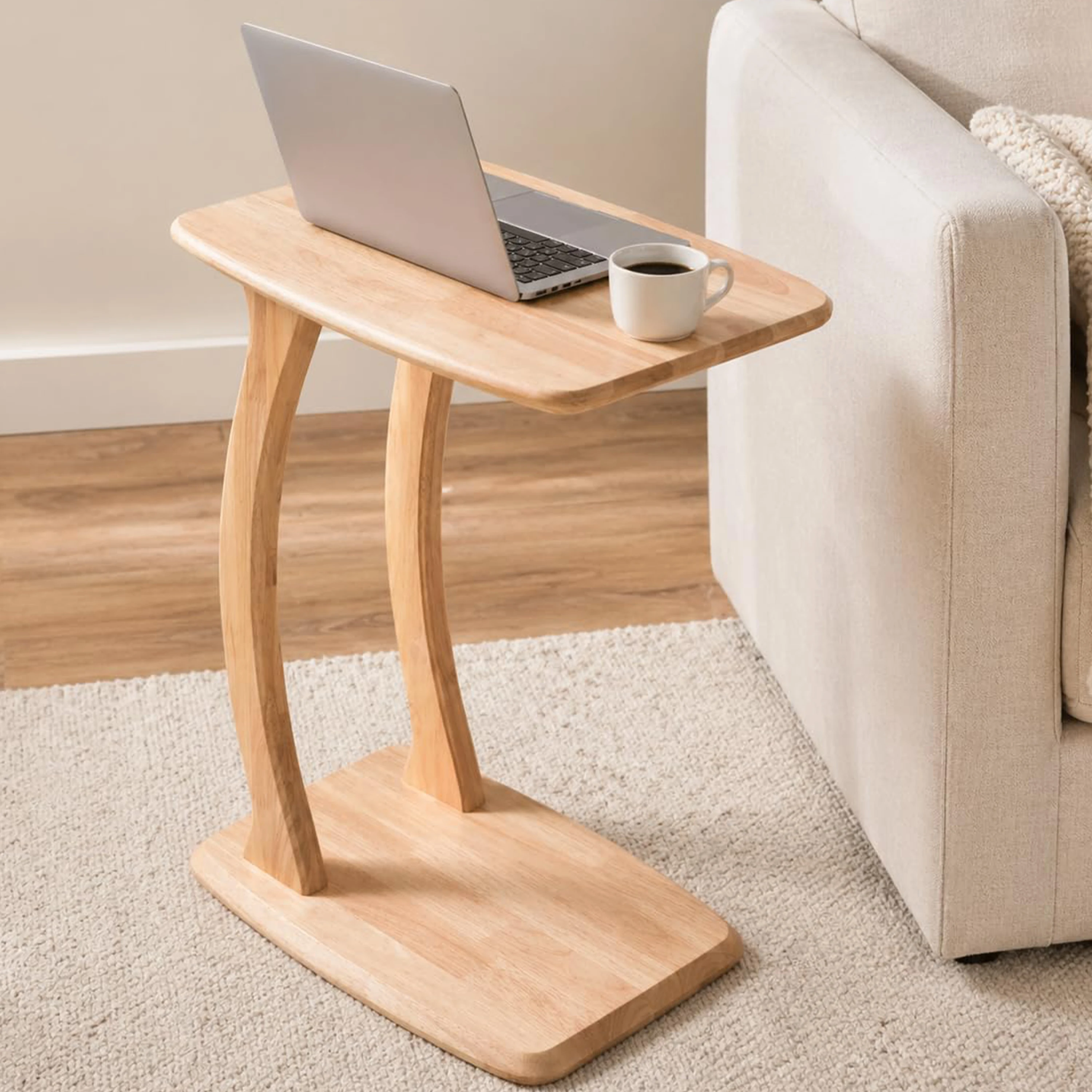 Solid Wood C-Shaped End Table Sofa Side Laptop Table Slide Under Couch for Small Space Living Room Bedroom Modern Home Furniture