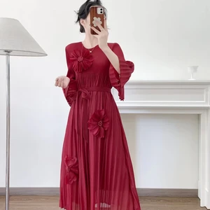 Women's Vintage Wine Red Pleated Dress, 3D Flower Embellished Flare Sleeve Belted Midi Dress for Formal Events