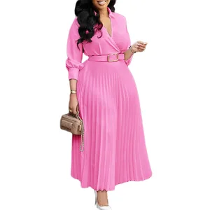 Trendy Casual Dresses Women Lady Elegant Solid Color Long Sleeve V-neck Pleated Ladies Office Dresses With Belt