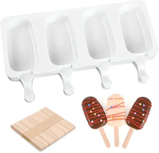 Ice Cream Mould Popsicle Mold, Silicone Cakesicle Mold Homemade Popsicle with Wooden Sticks for DIY Ice Cream, 4-Cavity