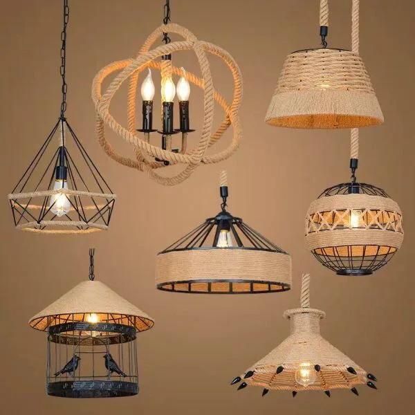 Lámpara Colgante De Cuerda De Cáñamo, Estilo Retro