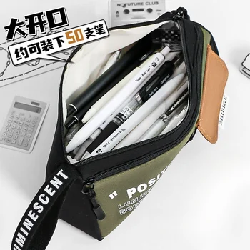 Japanese 2025 School Canvas Pencil Bag for Boys and Girls Large Capacity Black Fabric Case for Carrying School Supplies