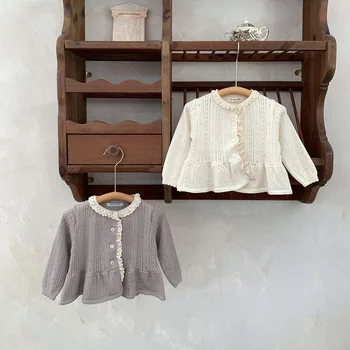 2025 New Casual Style Thin Knitted Baby Sweaters Baby Girl's Spring and Autumn Hollow Out Cardigan with Lace Tops