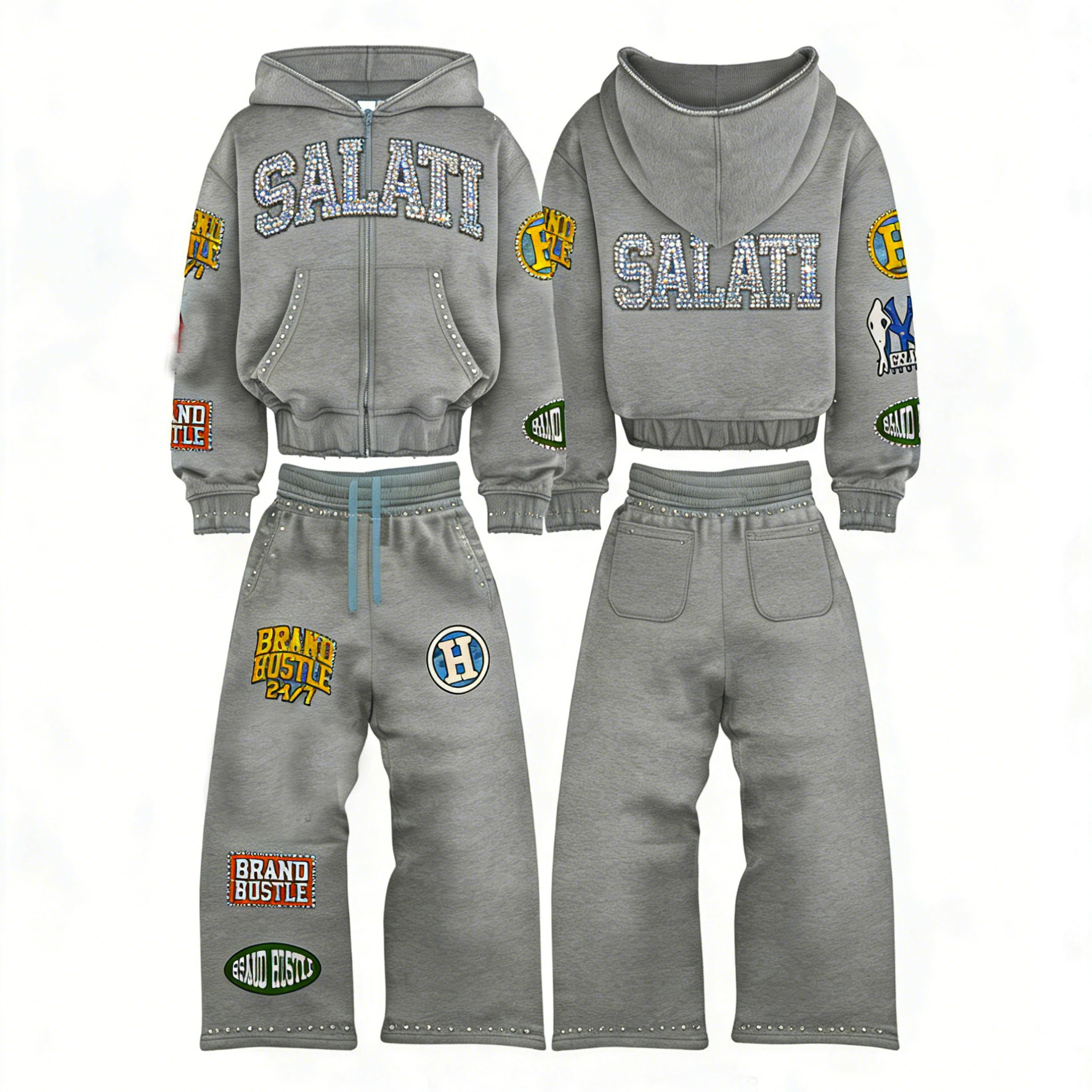 Salati 2 Piece Custom Acid Wash Embroidered Flared Sweatpants Tracksuit Vintage Streetwear Heavyweight Cotton Zipper Hoodie gallery 2