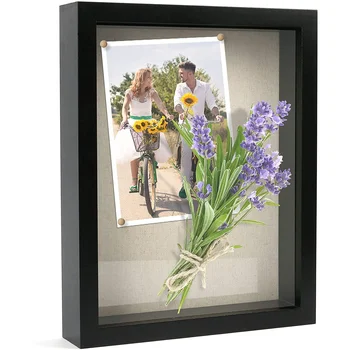Wood Picture Frame 11x14, Deep Shadow Box Display Case for Graduation, Wedding, Bouquet, Soft Linen Backboard