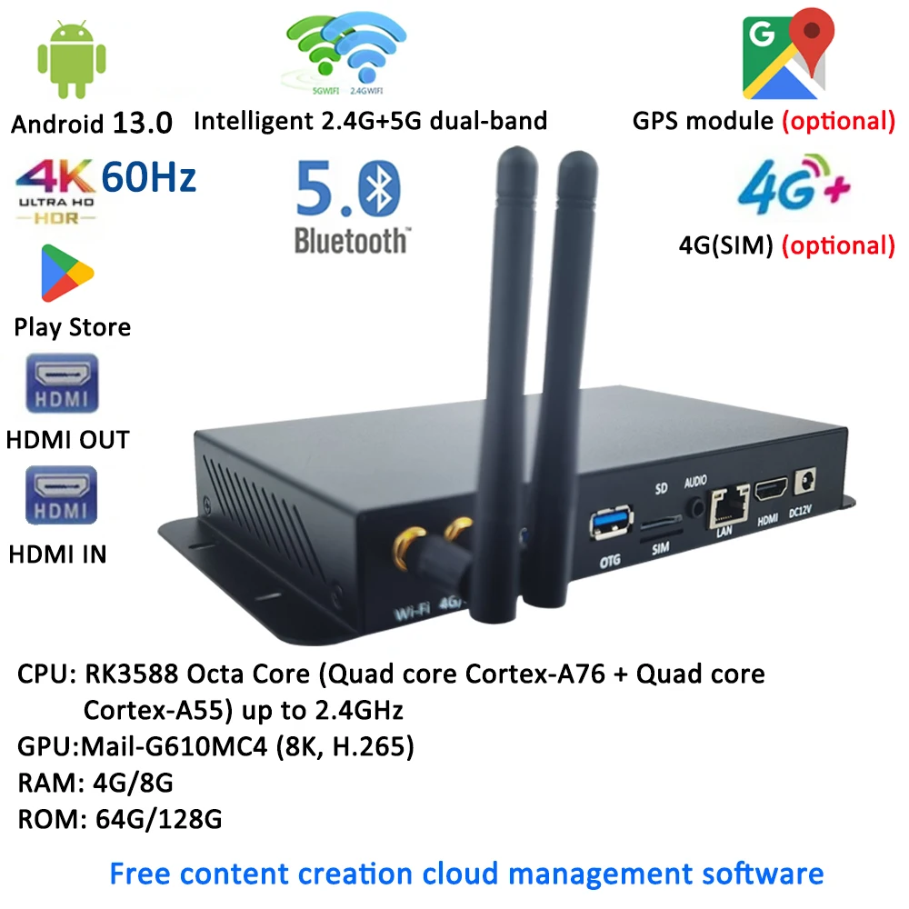 RK3399 RK3566 RK3568 RK3588 Android 4K HD-MI OUT GPS Module Smart TV Box With Wide Area Network CMS Digital Signage Media Player