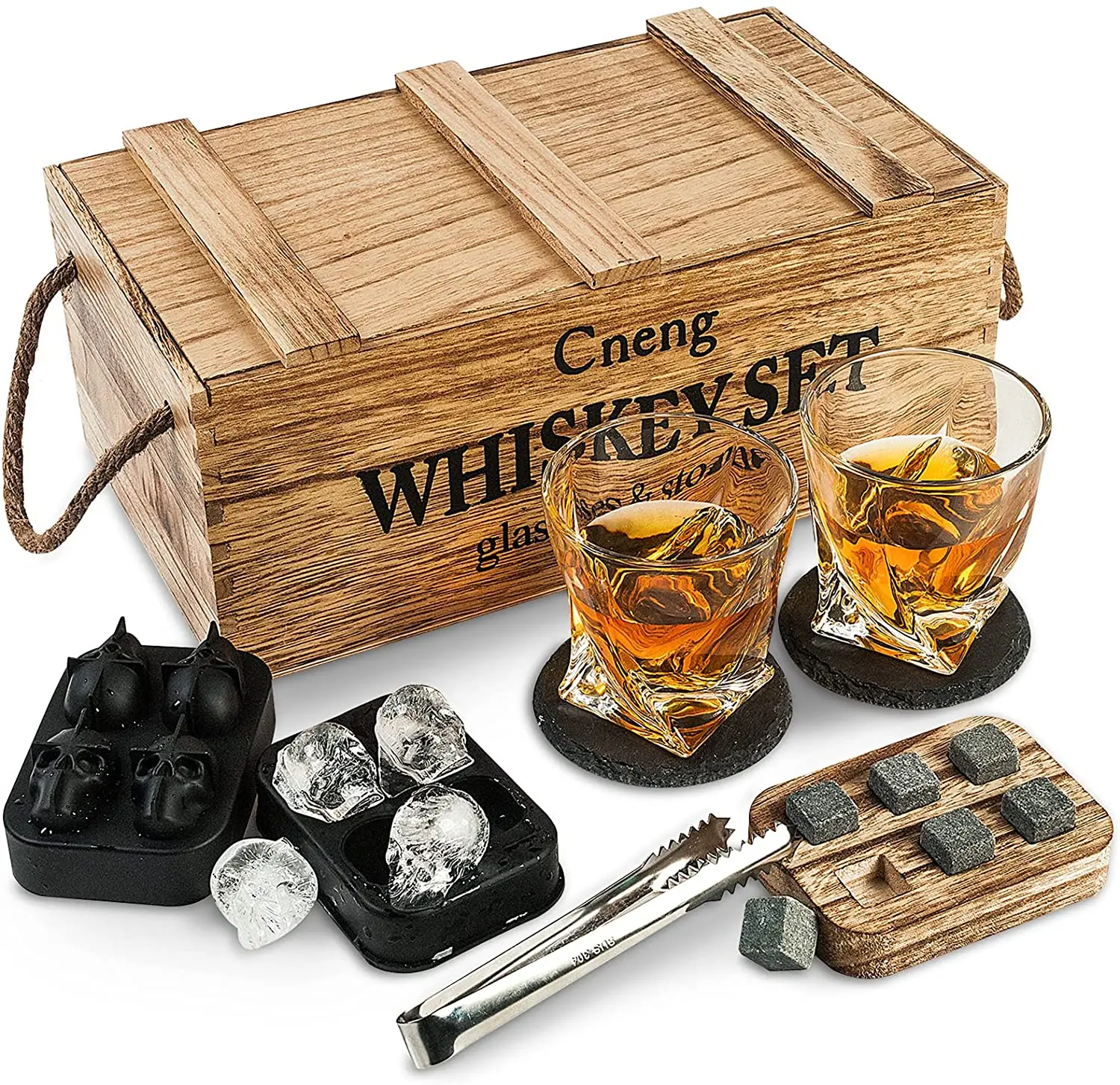  Whiskey Stones Gift Set for Men, Whiskey Glass and Stone Set  with Wooden Army Crate, 6 Stainless Steel Whiskey Bullets and 10oz Whiskey  Glasses