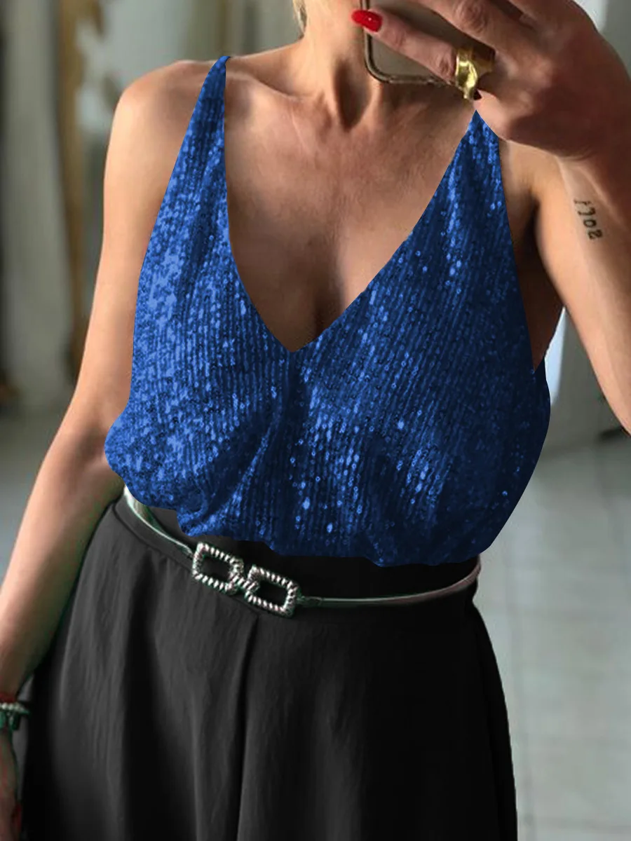 GMD women's clothing sequin deep V Front and back casual top wear sexy hot girl