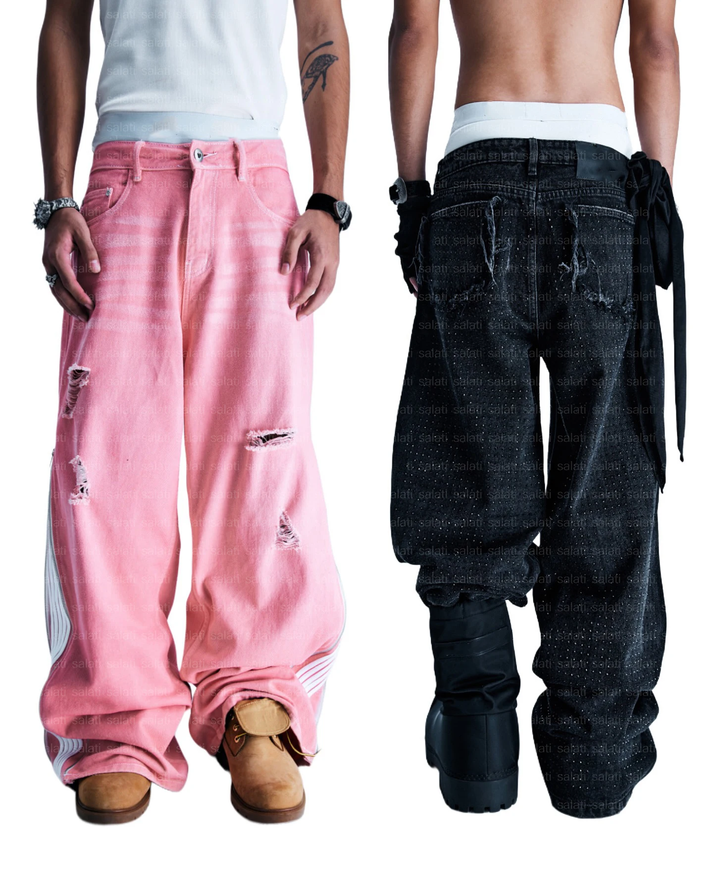 Salati Jean Oversized Damaged Ripped Acid Wash Wide Leg Distressed Vintage Rhinestone Flared Baggy Japanese Denim Pant Jeans Men